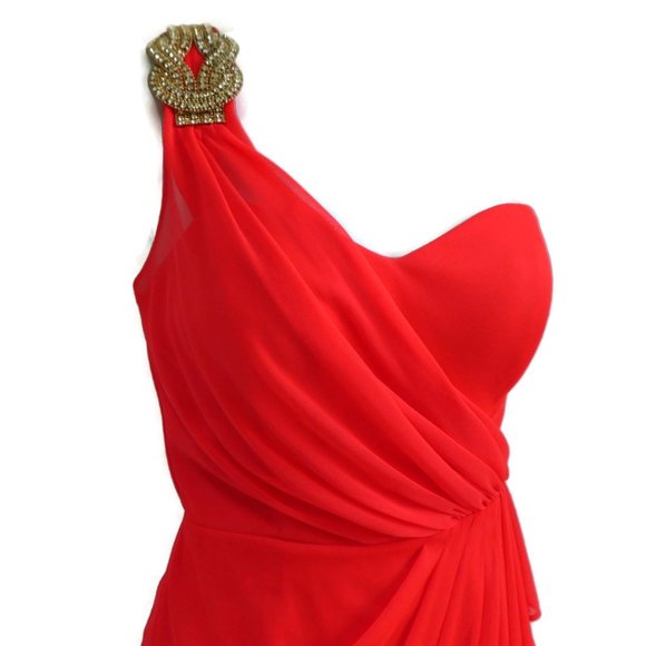 Cache Cocktail Dress Rhinestone Brooch Neon Red Ruched Padded Bra Zip Back USA 4 - Picture 4 of 15